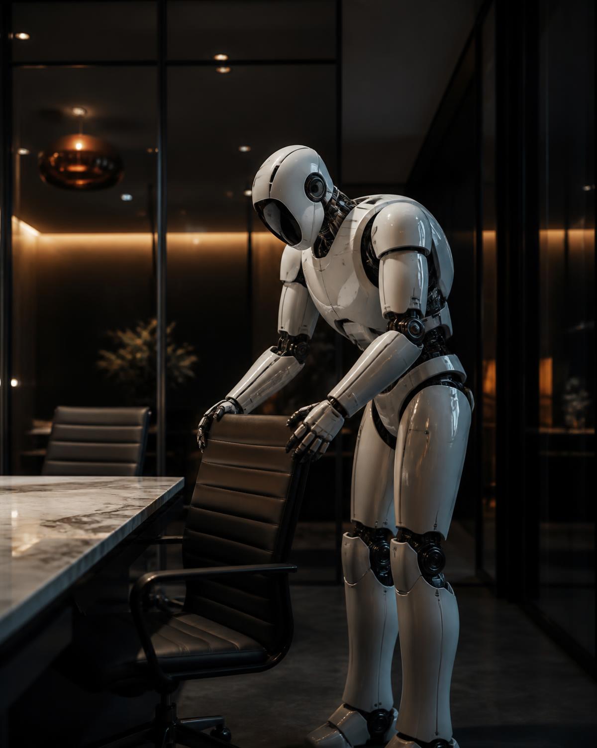 Humanoid robot arranging chairs in a glass-walled corporate meeting room